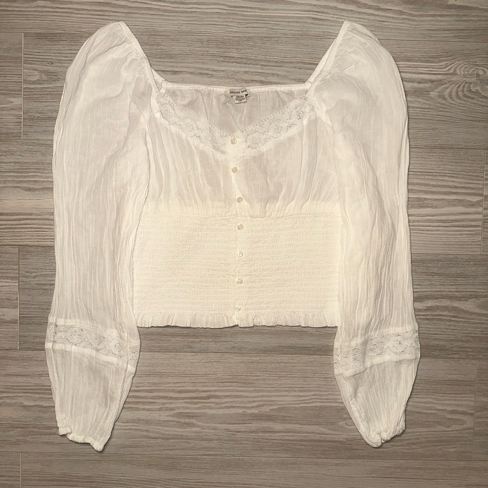American Eagle Outfitters AE Long-Sleeve Smocked Blouse - White - Picture 5 of 13